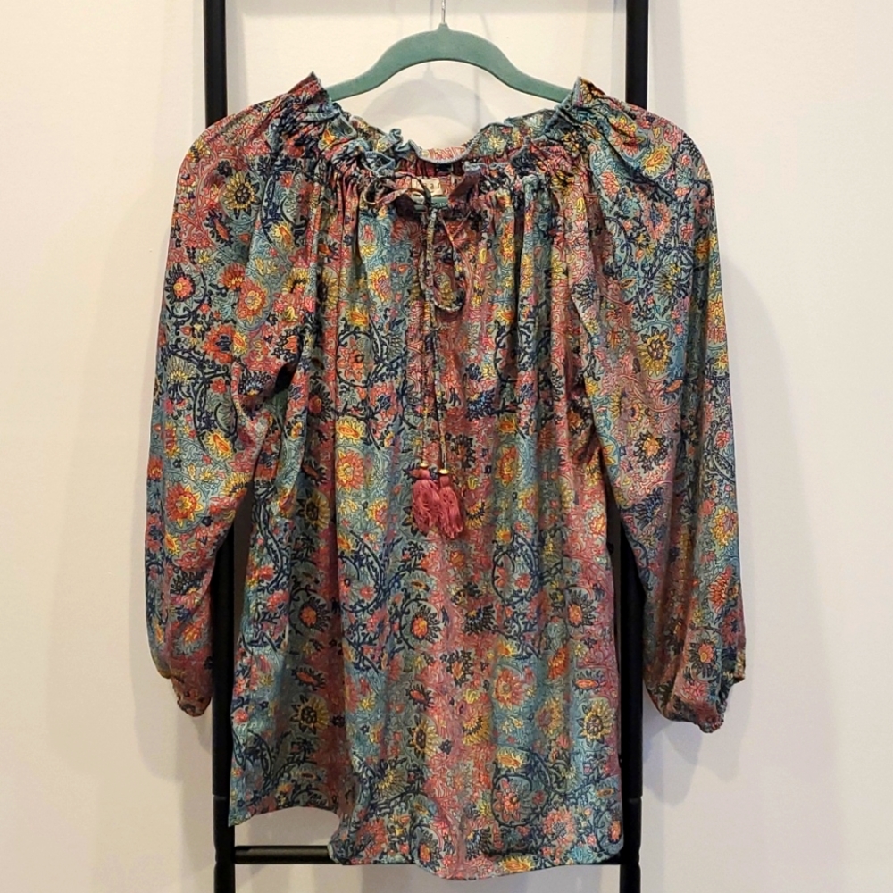 Paani Floral Front Tie Blouse 3/4 Sleeve Top Blouse Size S Women